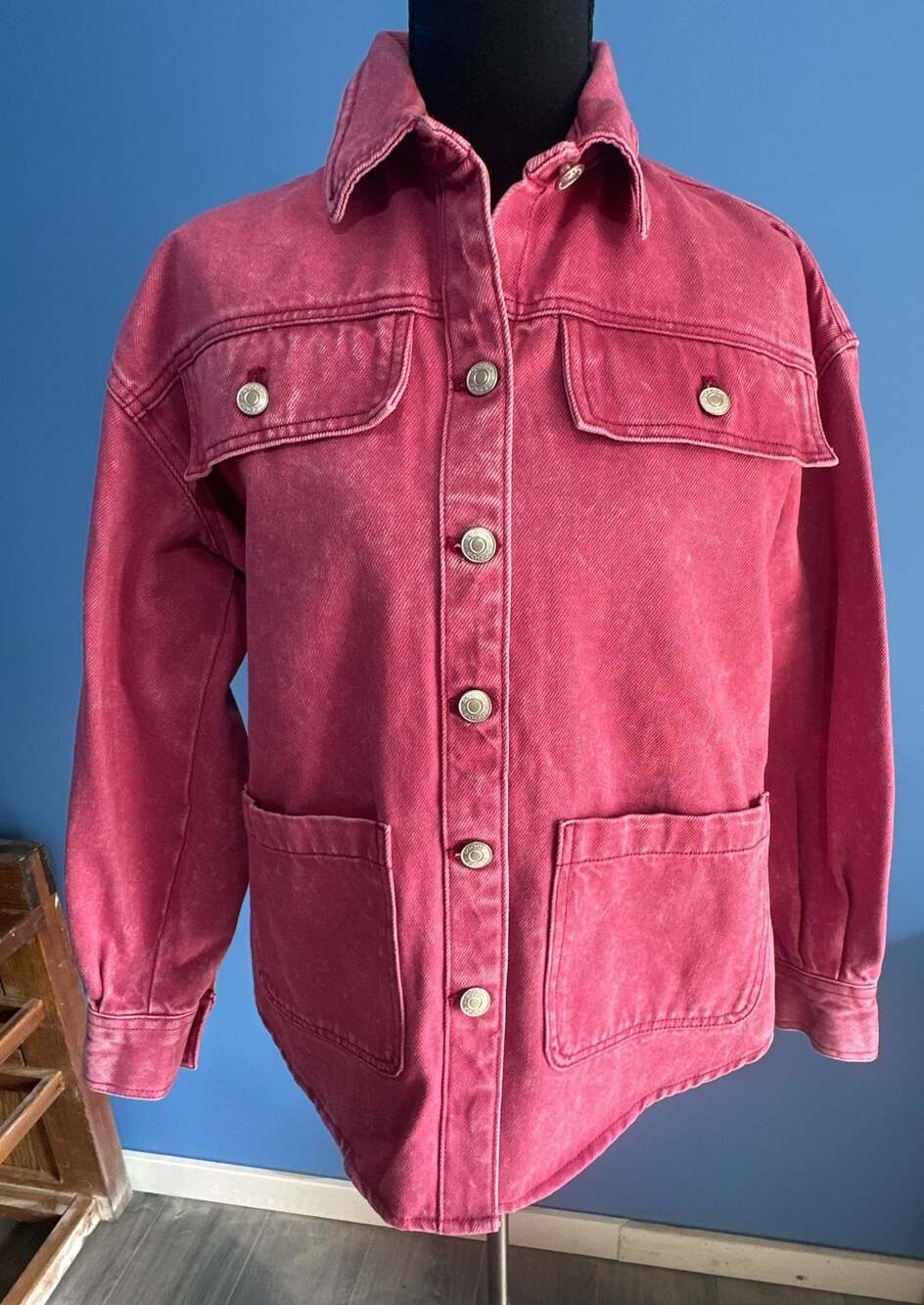Scoop Women's Oversized Acid Wash Denim Shacket in Rose Pink